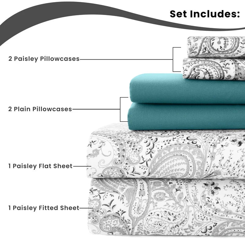 Elegant Paisley Microfiber Bed Sheet Set – 6 Piece, Queen Size, White Gray Color