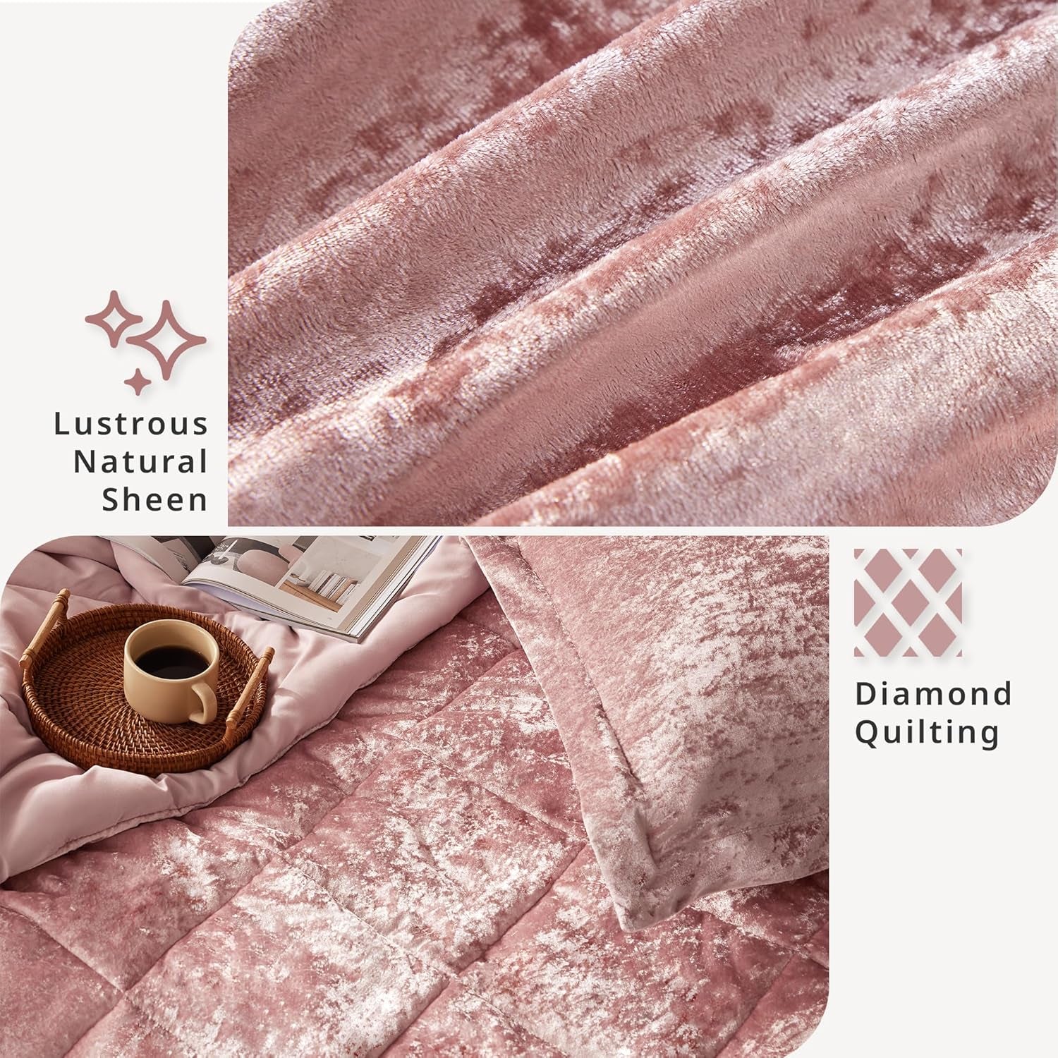 Velvet Comforter Set Full/Queen – 4-Piece All-Season Diamond Quilted Bedding, Blush