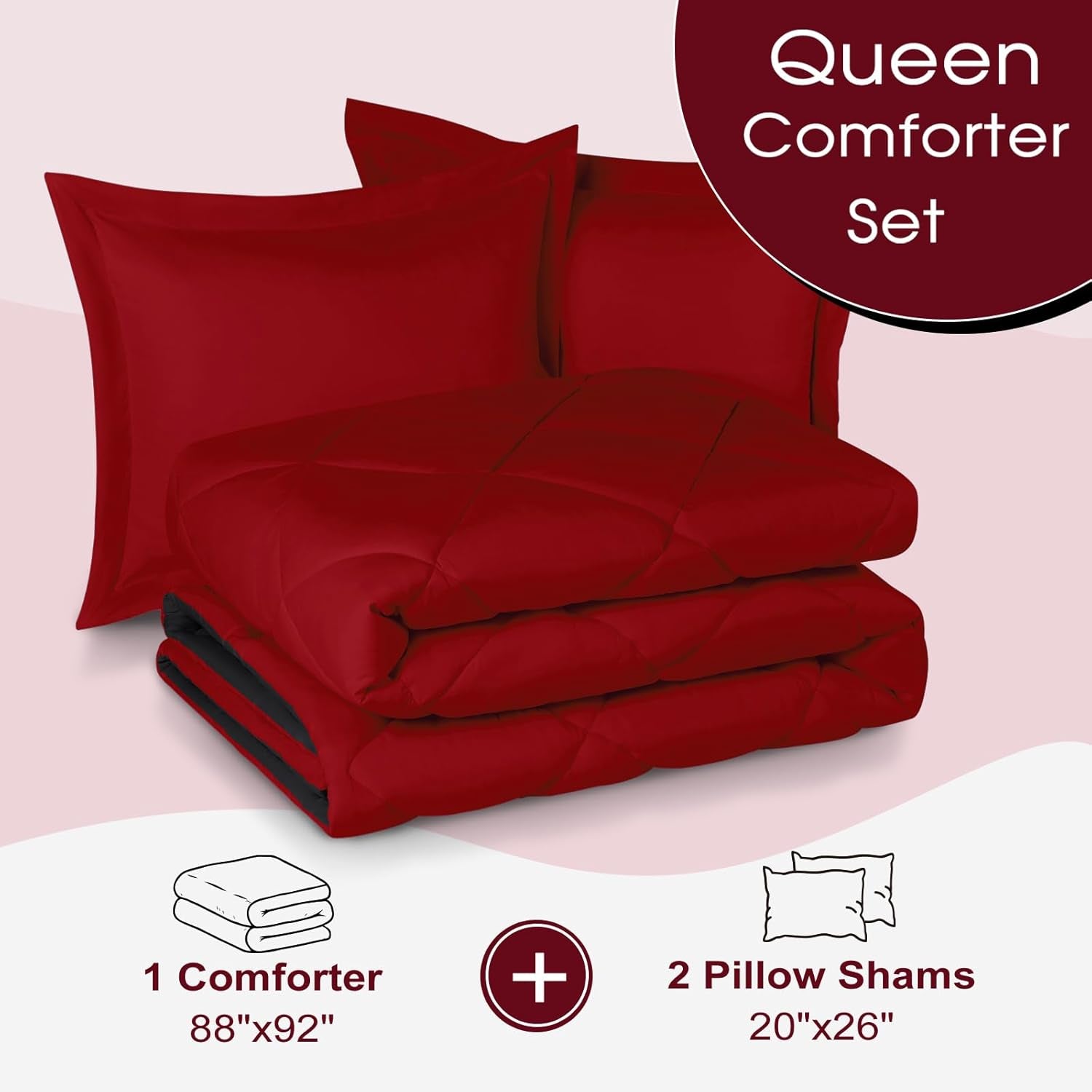 Queen Comforter Set – Reversible Red & Black All-Season Bedding with 2 Pillow Shams
