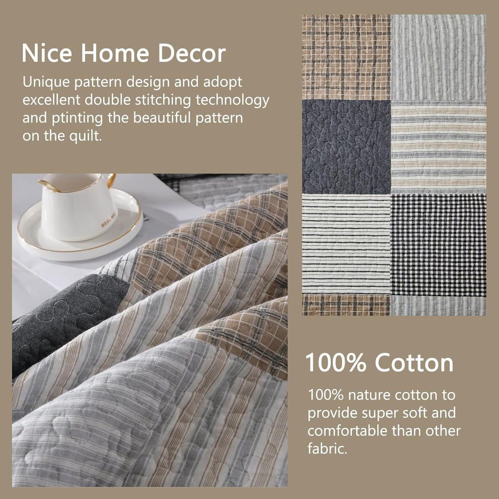 King 3-Piece Quilt Set – 100% Cotton Plaid Farmhouse Bedspread, Lightweight & Reversible, All-Season