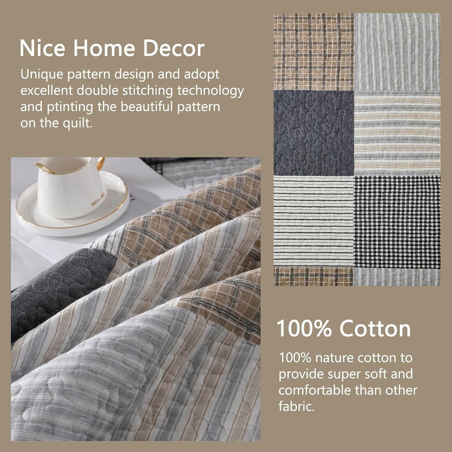 King 3-Piece Quilt Set – 100% Cotton Plaid Farmhouse Bedspread, Lightweight & Reversible, All-Season