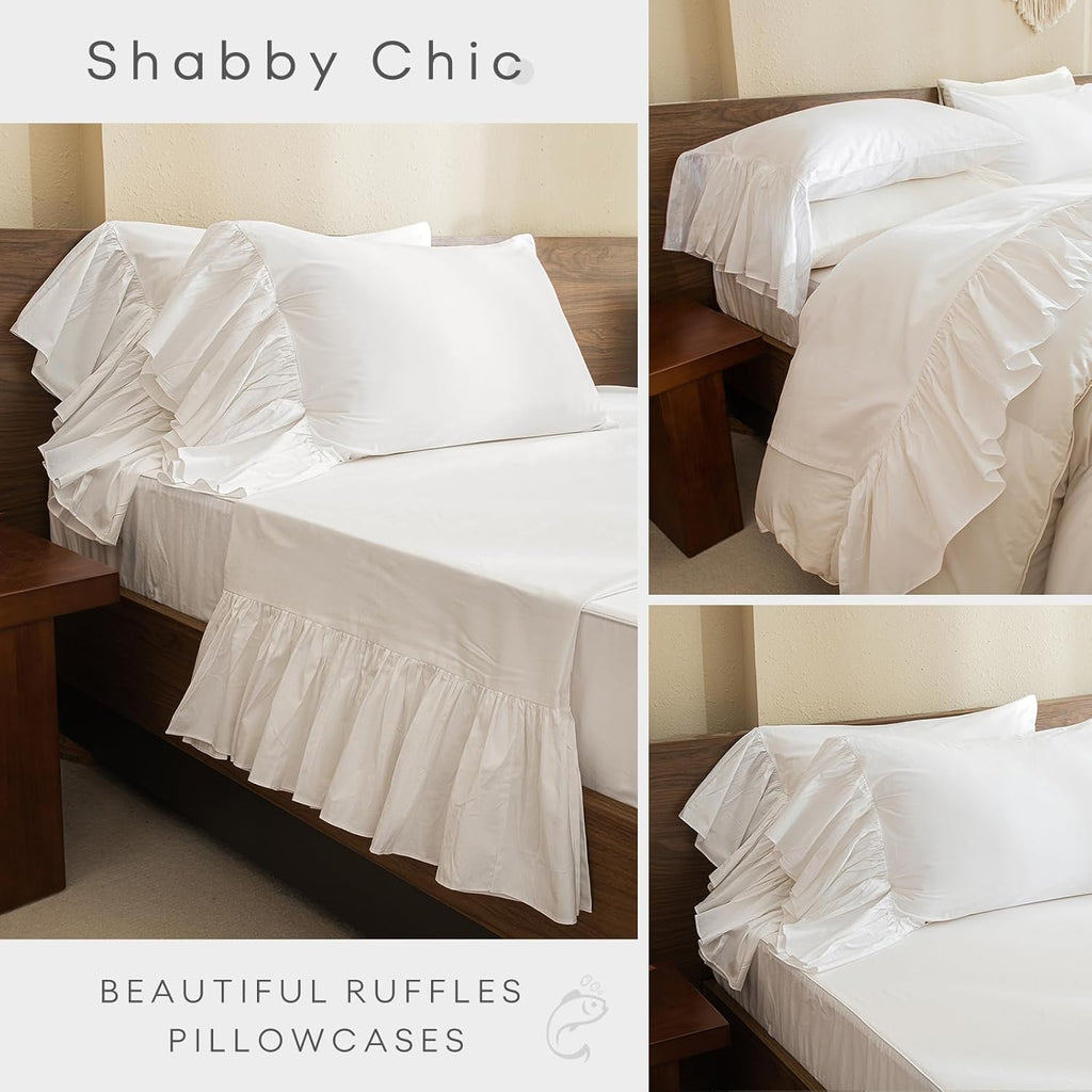 King Sheet Set – 4-Piece Cotton, White Ruffles, Soft & Breathable