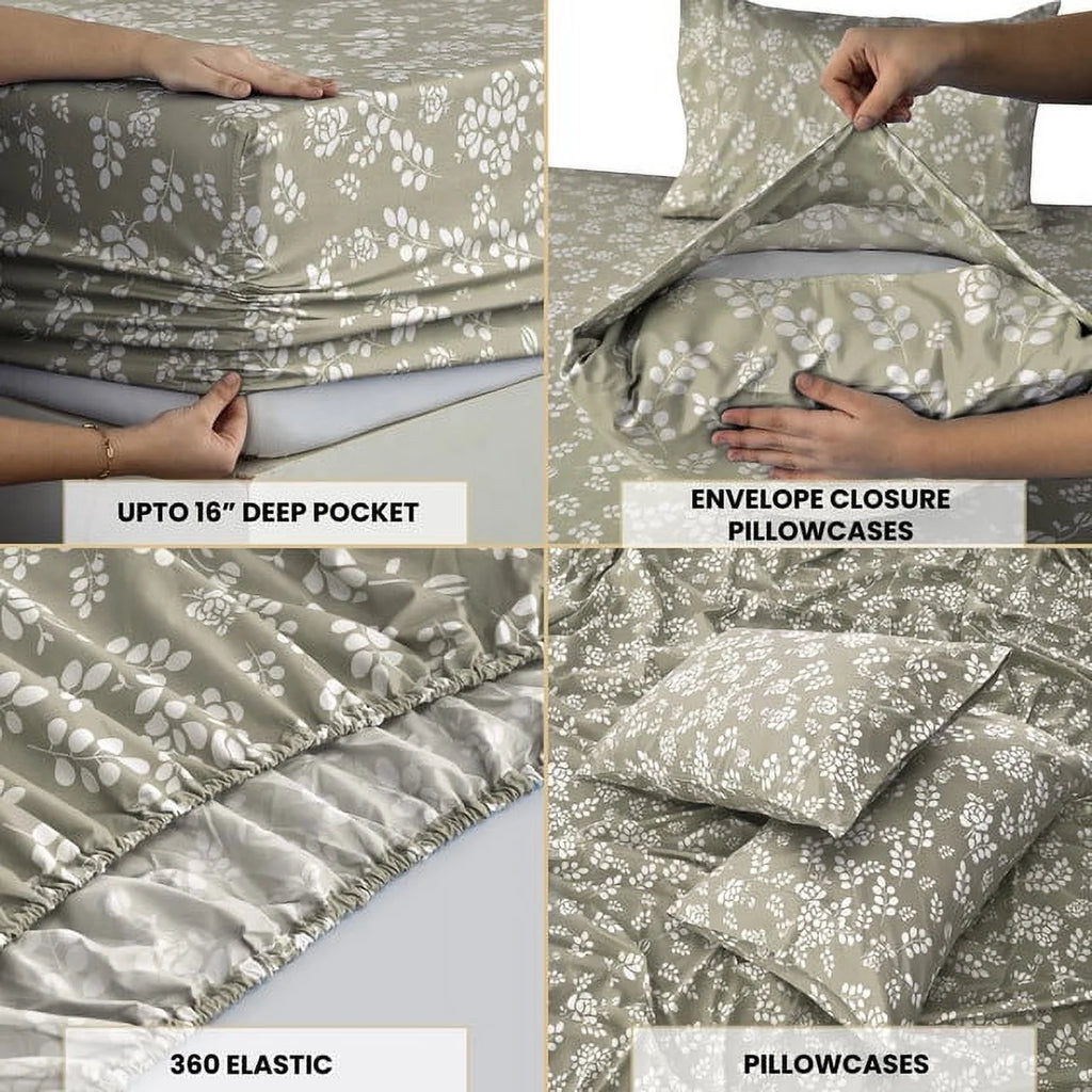 Soft Microfiber Bed Sheet Set – Twin Size, 16” Deep Pocket, Floral Taupe Design