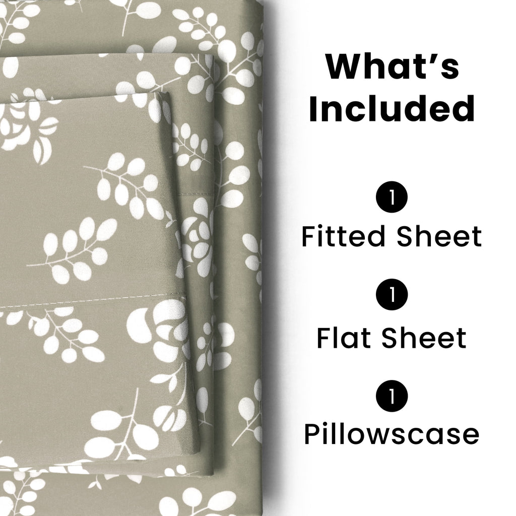 Soft Microfiber Bed Sheet Set – Twin Size, 16” Deep Pocket, Floral Taupe Design