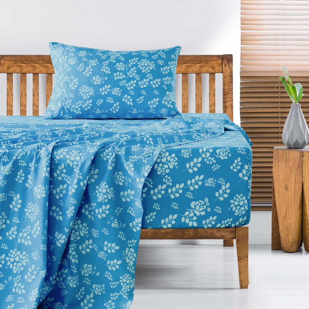 Twin Size Floral Microfiber Bed Sheet Set – 3 Piece, Deep Pocket, Blue
