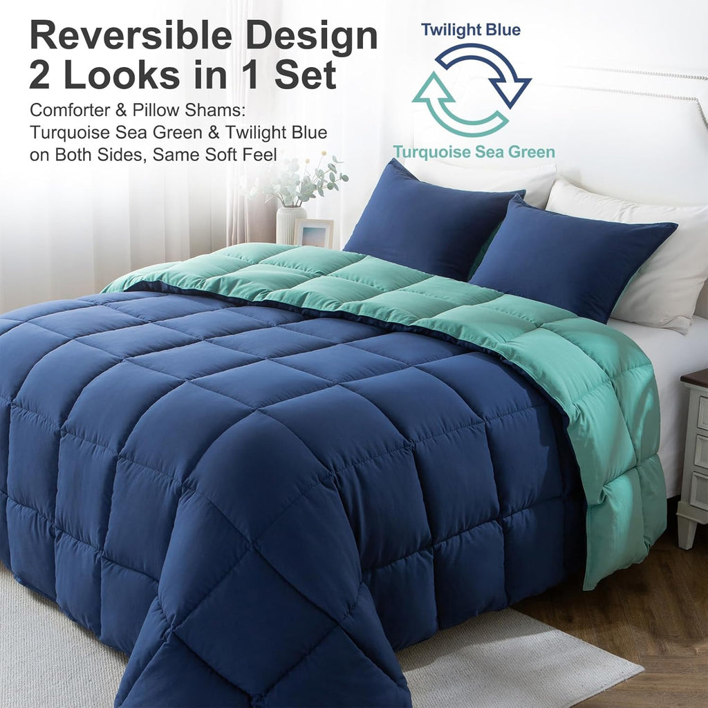 Luxury King Comforter Set, Reversible Two-Tone, Down Alternative, Ultra Soft, Lightweight & All-Season (Turquoise/Blue)