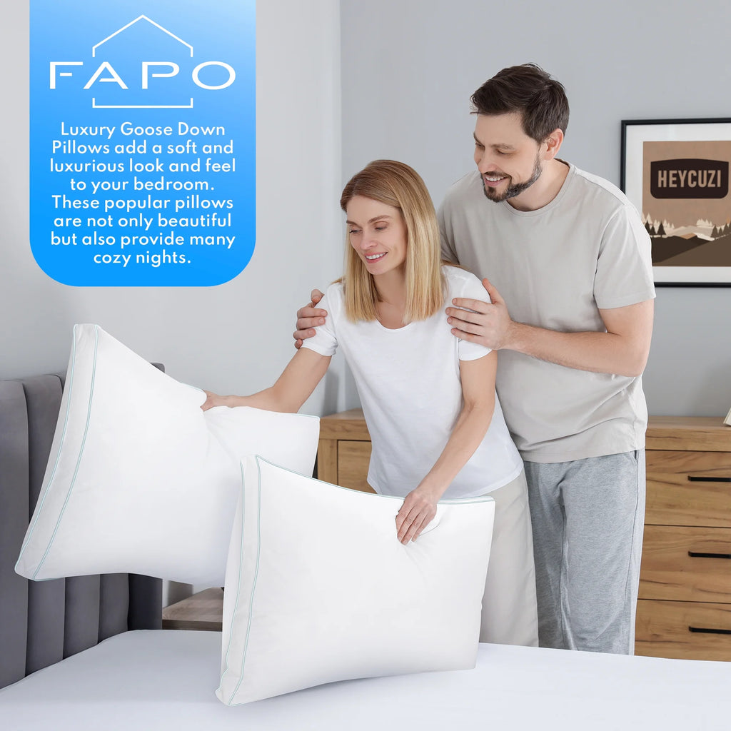 Goose Feather down Pillows, Gusseted Bed Pillows Queen Size Set of 2, Luxury Hotel Collection Fluffy Pillows 100% Cotton Cover