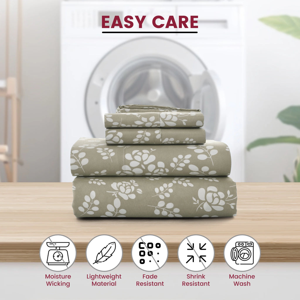 Soft Microfiber Bed Sheet Set – Twin Size, 16” Deep Pocket, Floral Taupe Design