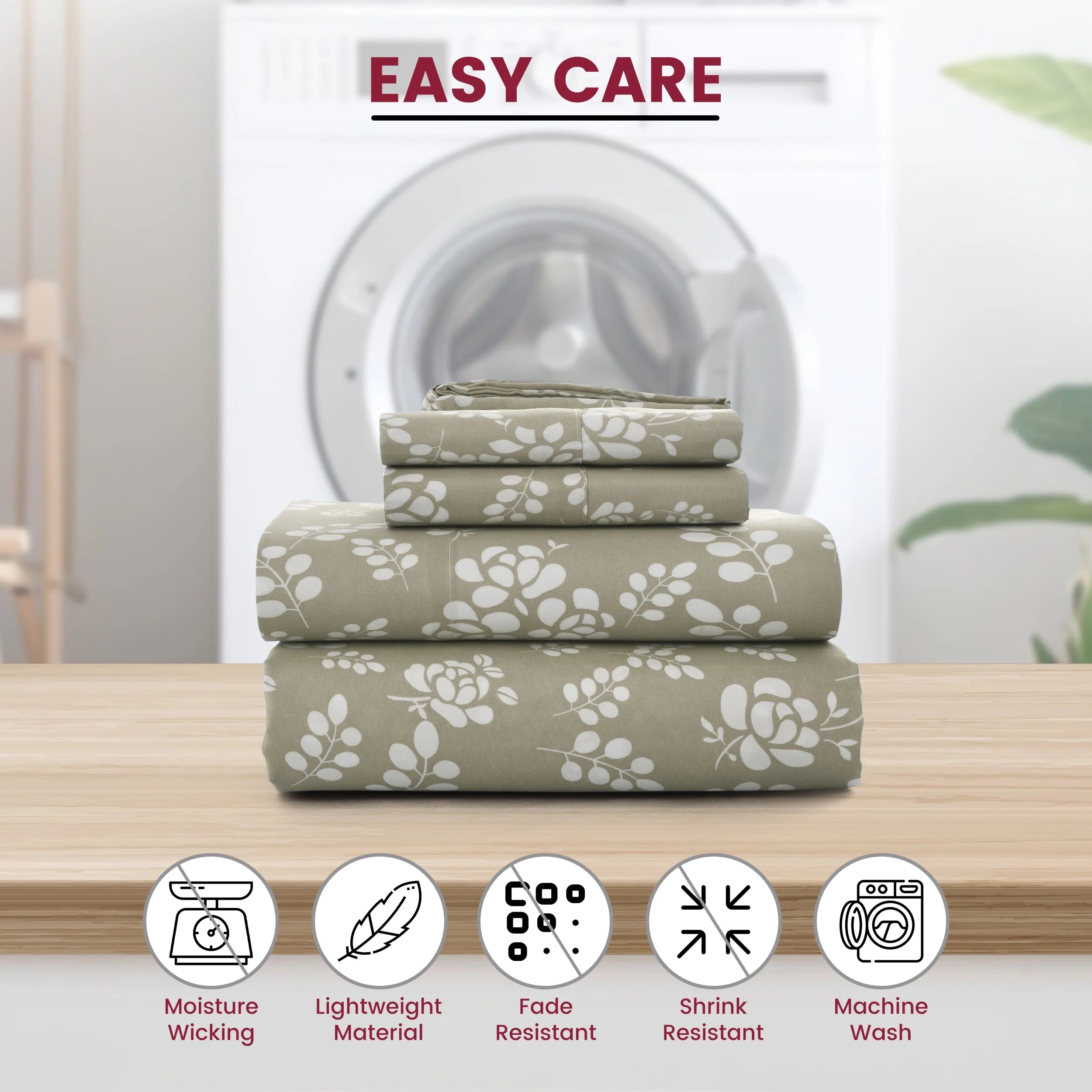 Soft Microfiber Bed Sheet Set – Twin Size, 16” Deep Pocket, Floral Taupe Design