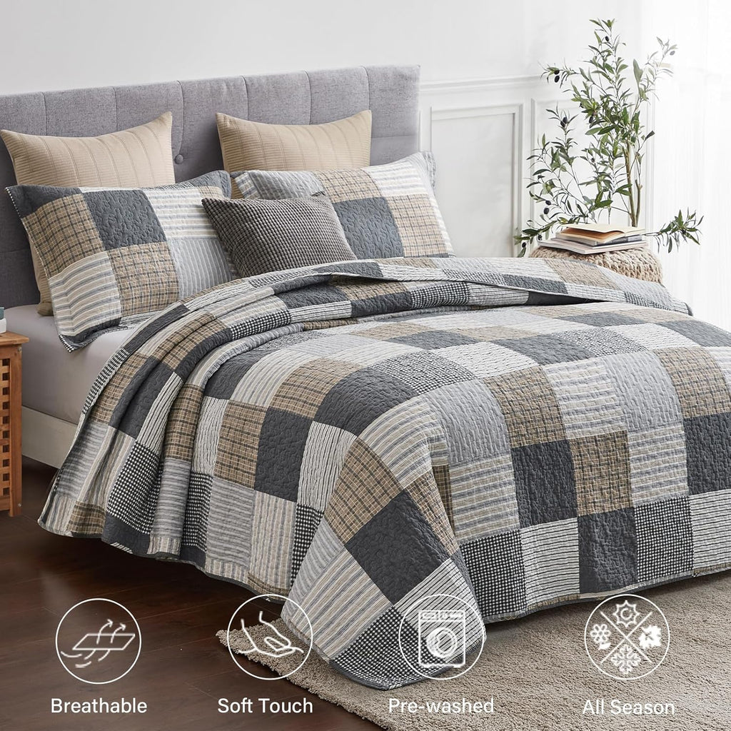 Queen Quilt Bedding Set – 3-Piece Cotton Plaid Quilt, Lightweight & Reversible