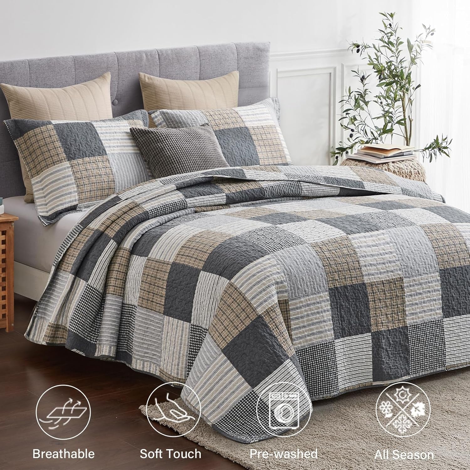 Queen Quilt Bedding Set – 3-Piece Cotton Plaid Quilt, Lightweight & Reversible