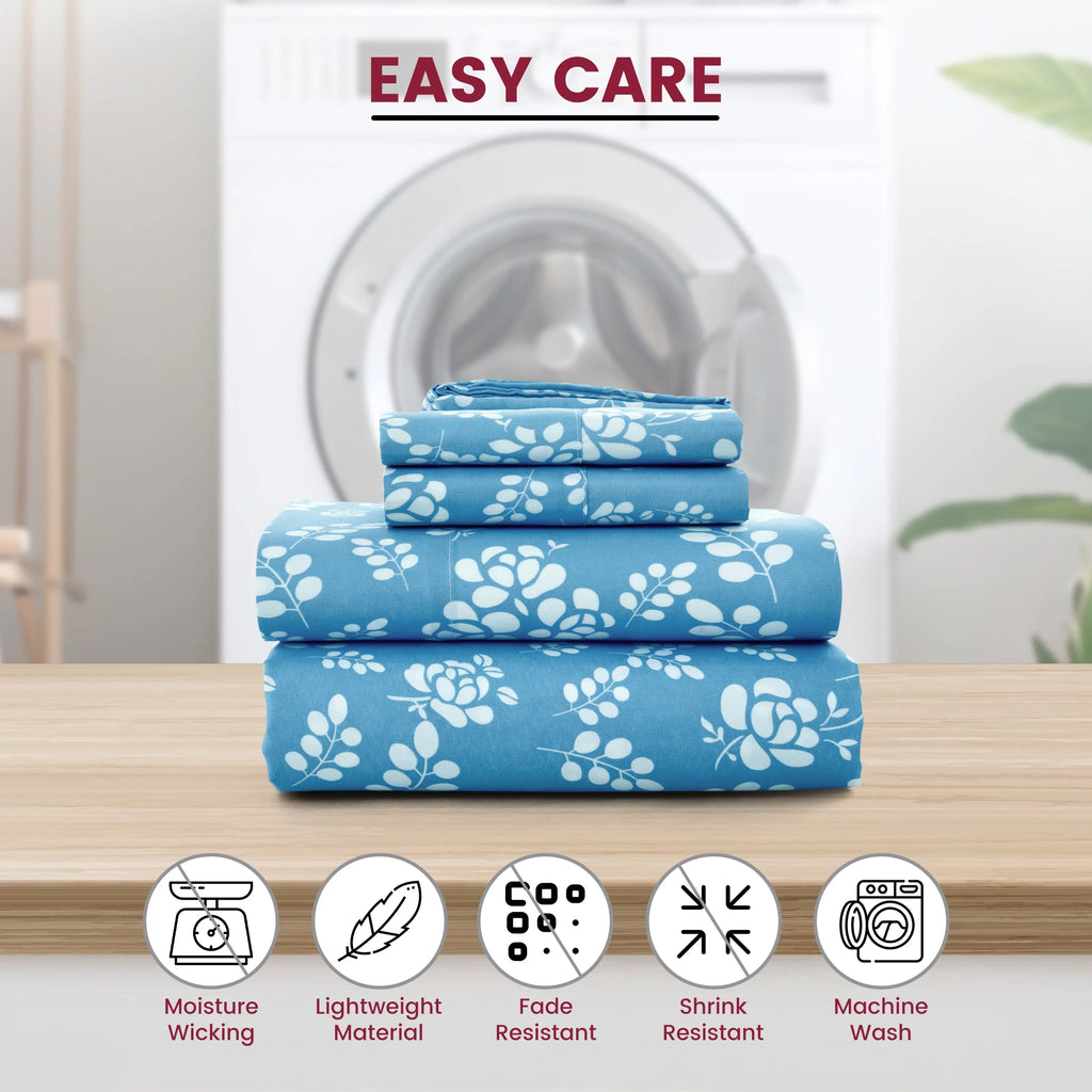 Twin Size Floral Microfiber Bed Sheet Set – 3 Piece, Deep Pocket, Blue