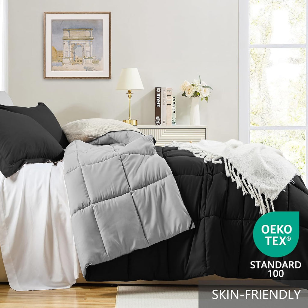 King Reversible Comforter Set – Black/Grey, Lightweight All-Season 3-Piece Bedding