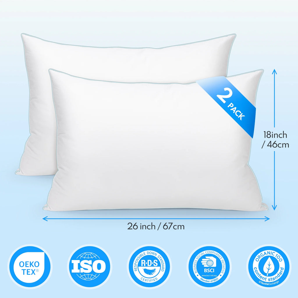 Goose Feather down Pillows, Gusseted Bed Pillows Queen Size Set of 2, Luxury Hotel Collection Fluffy Pillows 100% Cotton Cover