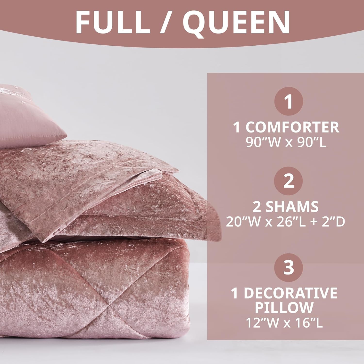 Velvet Comforter Set Full/Queen – 4-Piece All-Season Diamond Quilted Bedding, Blush