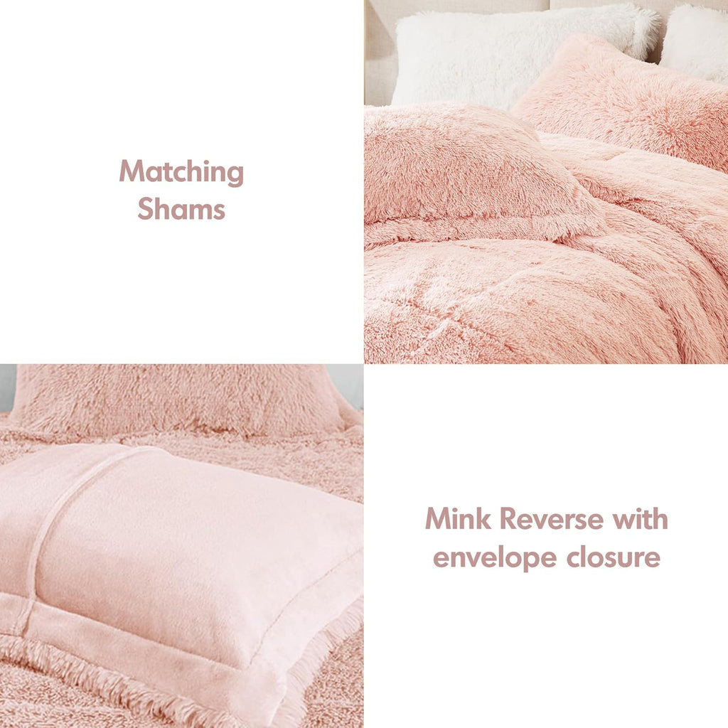 Full/Queen Shaggy Faux Fur Comforter Set – 3-Piece All-Season Cozy Down Alternative, Blush