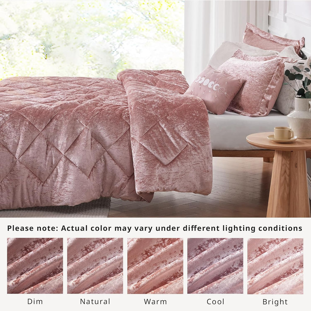 Velvet Comforter Set Full/Queen – 4-Piece All-Season Diamond Quilted Bedding, Blush