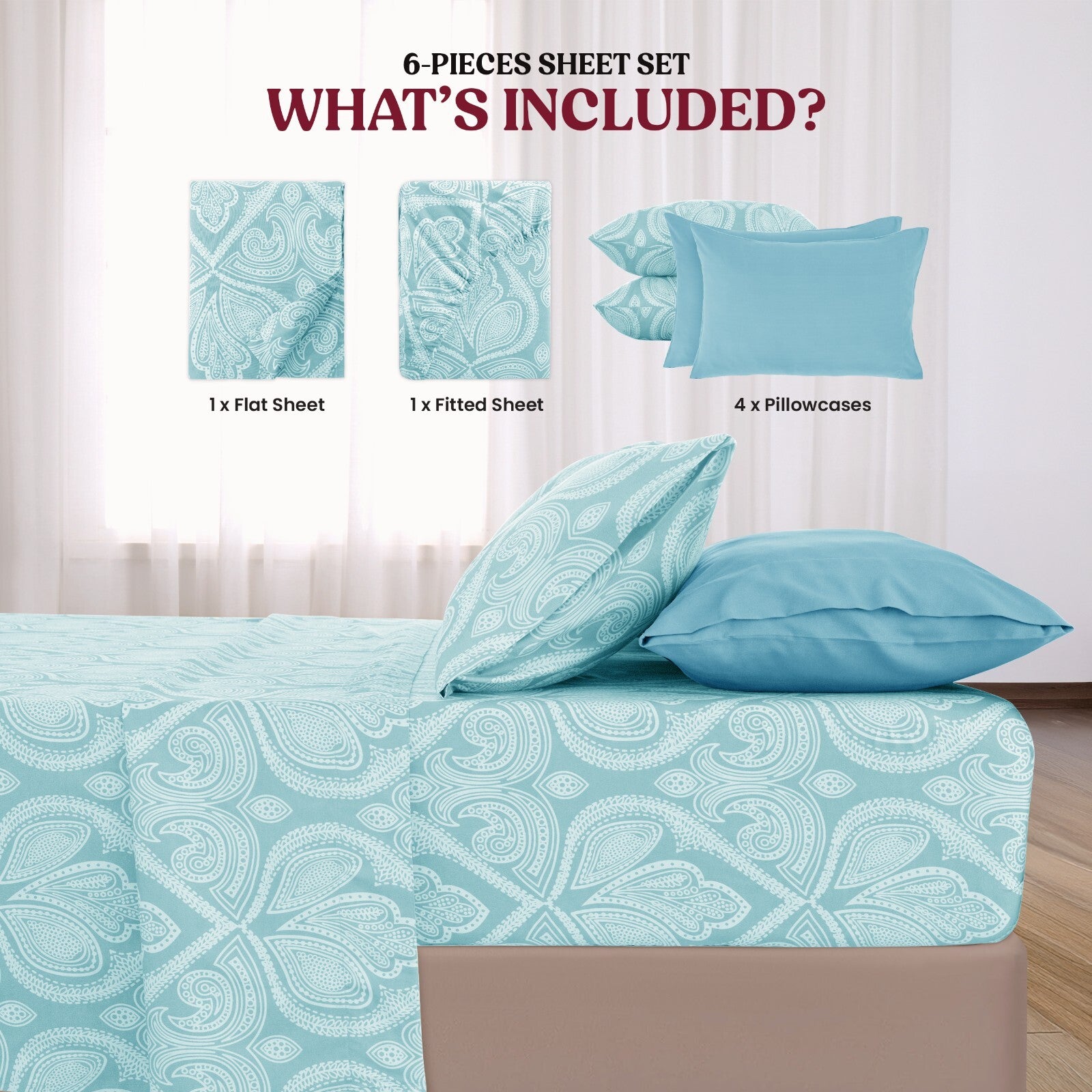 Luxury 1800 Series Microfiber Bed Sheet Set – 6 Piece Deep Pocket Paisley