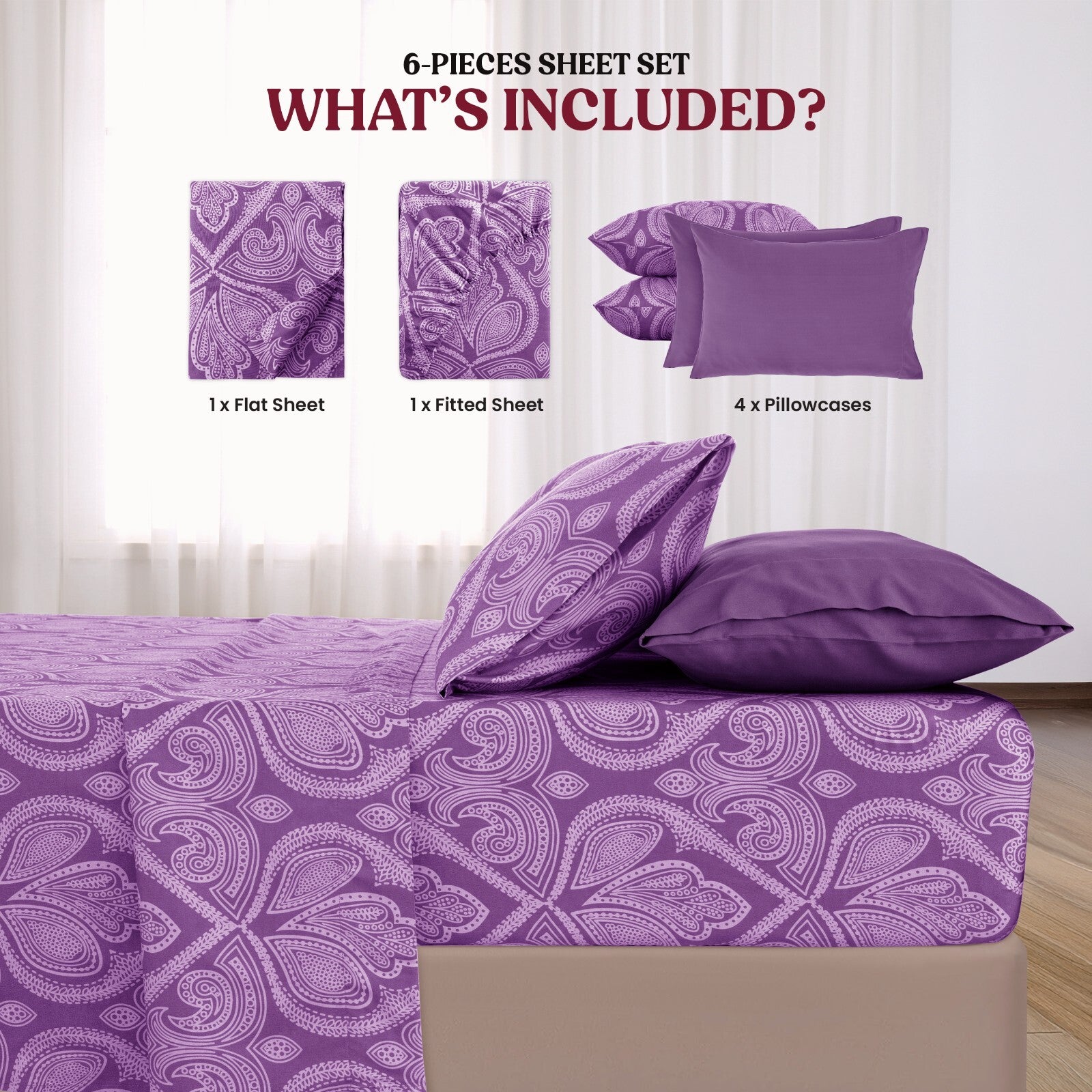 Luxury 1800 Series Microfiber Bed Sheet Set – 6 Piece Deep Pocket Paisley