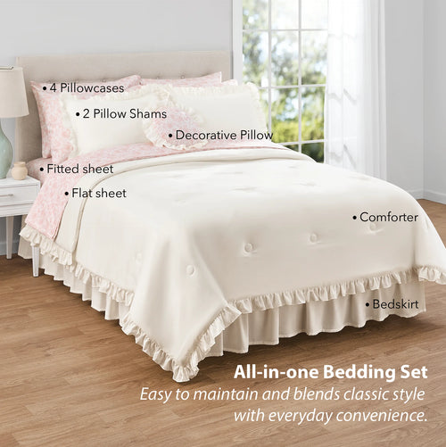 11-Piece Queen Bed-in-a-Bag Comforter Set – Cream Ruffle, Includes Sheets, Shams & Decorative Pillow
