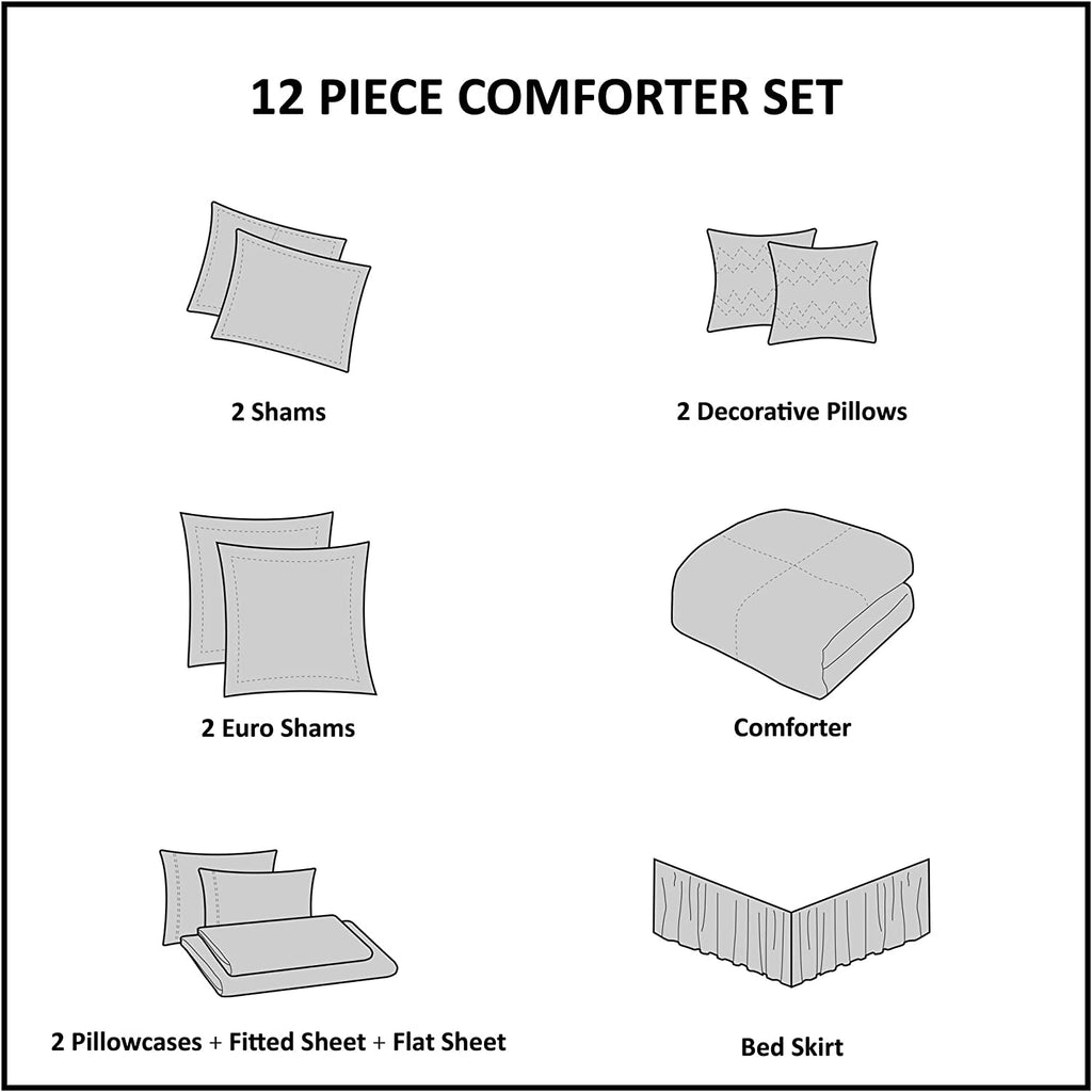 King 12-Piece Bed in a Bag Comforter Set – Blue Jacquard Luxe Bedding