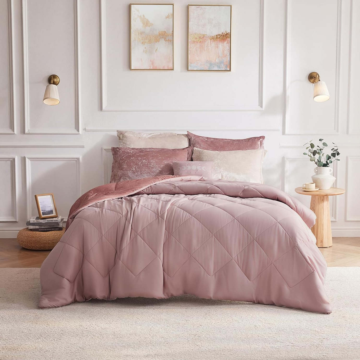 Velvet Comforter Set Full/Queen – 4-Piece All-Season Diamond Quilted Bedding, Blush