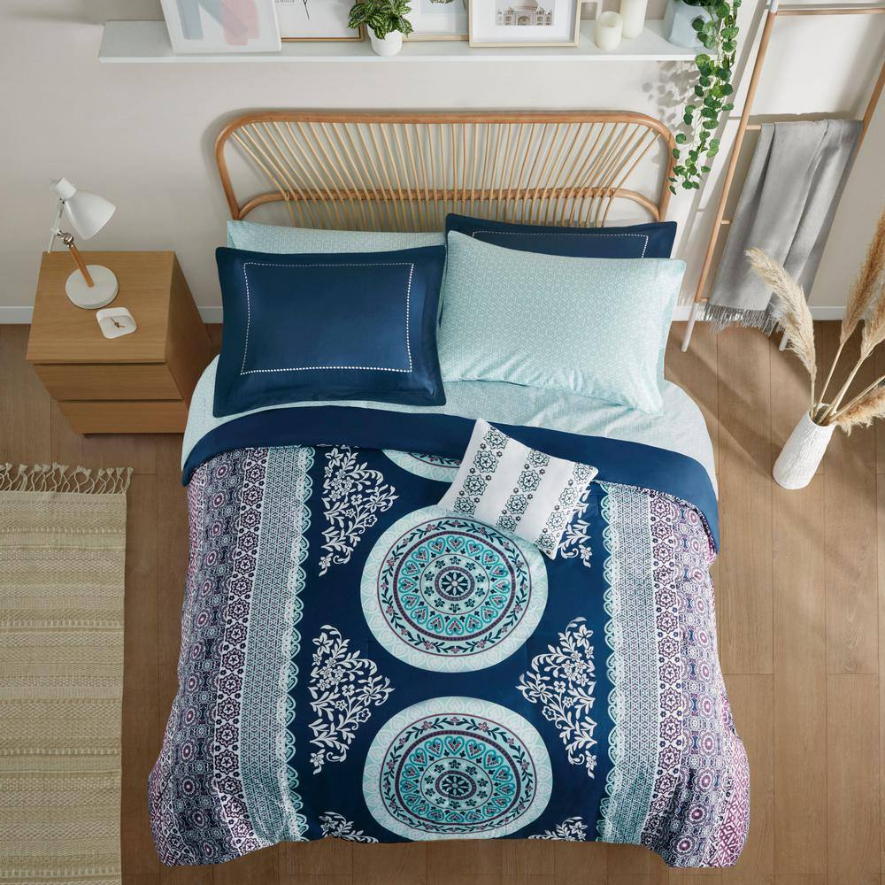 9-Piece Queen Bed-in-a-Bag – Navy Boho Microfiber, Soft Brushed Print Bedding Set