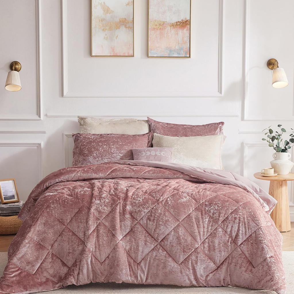 Velvet Comforter Set Full/Queen – 4-Piece All-Season Diamond Quilted Bedding, Blush