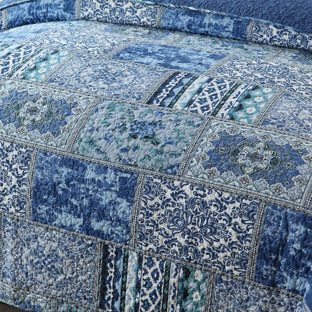 Twin Cotton Quilt Set – Reversible Patchwork Bedspread, Blue Bohemian Coverlet, 3-Piece