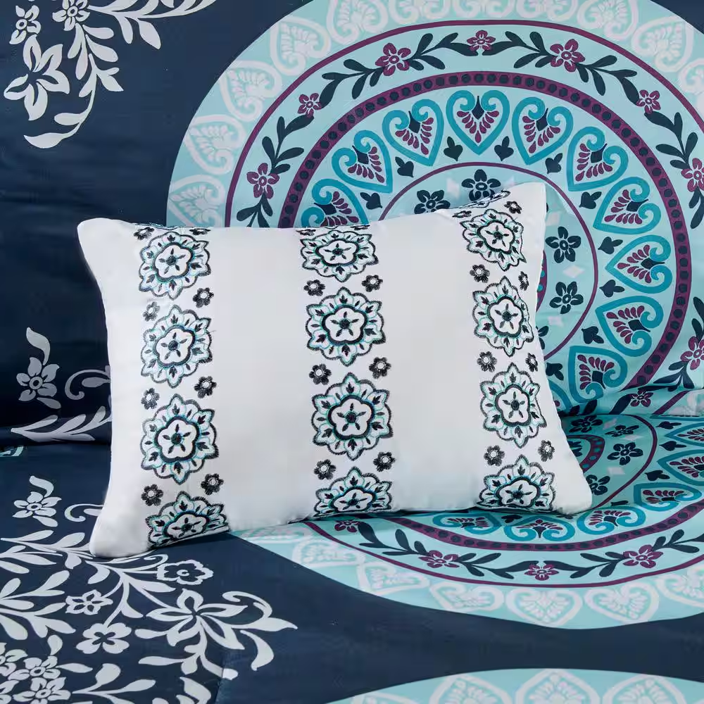 9-Piece Queen Bed-in-a-Bag – Navy Boho Microfiber, Soft Brushed Print Bedding Set