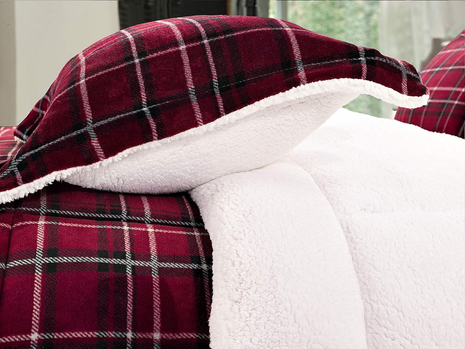 King/Cal King 3-Piece Reversible Plaid Comforter Set – Micromink Sherpa, Down Alternative, Burgundy