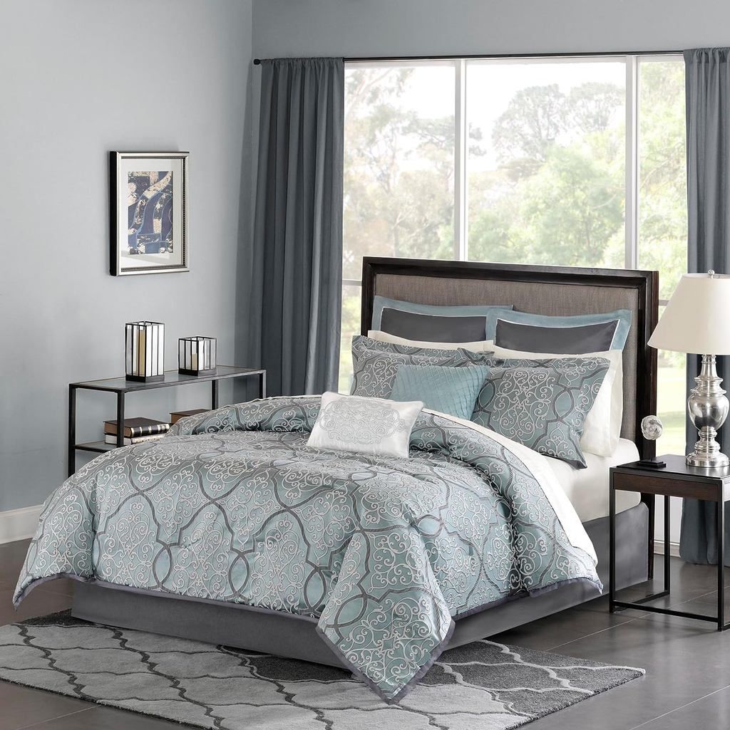 King 12-Piece Bed in a Bag Comforter Set – Blue Jacquard Luxe Bedding