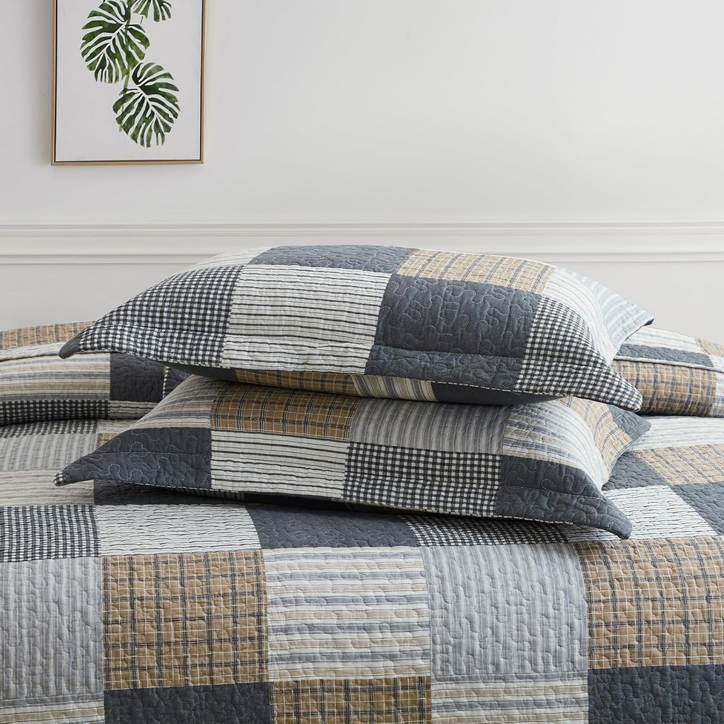 Queen Quilt Bedding Set – 3-Piece Cotton Plaid Quilt, Lightweight & Reversible