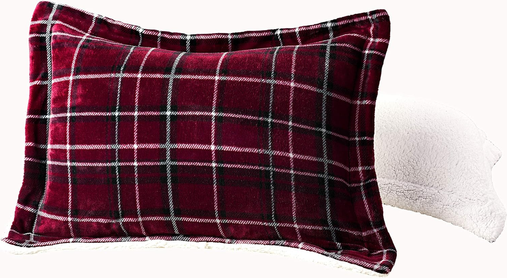 King/Cal King 3-Piece Reversible Plaid Comforter Set – Micromink Sherpa, Down Alternative, Burgundy