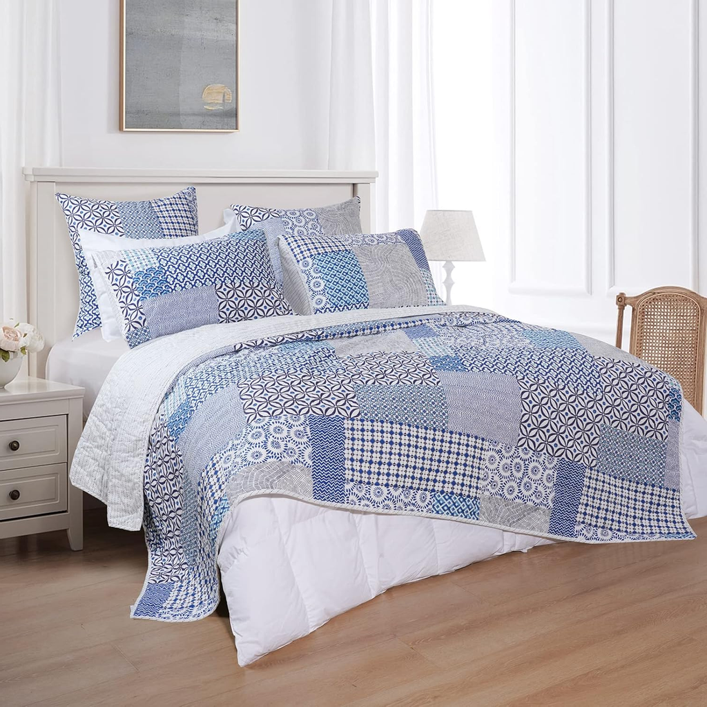 100% Cotton Patchwork Quilt Set – Ultra Soft, Reversible, Lightweight, All-Season