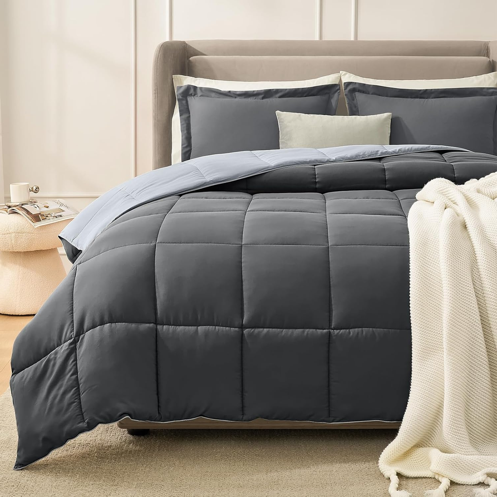 Twin Comforter Set – Reversible Grey & Light Gray, Soft Lightweight Down Alternative, All-Season 2-Piece