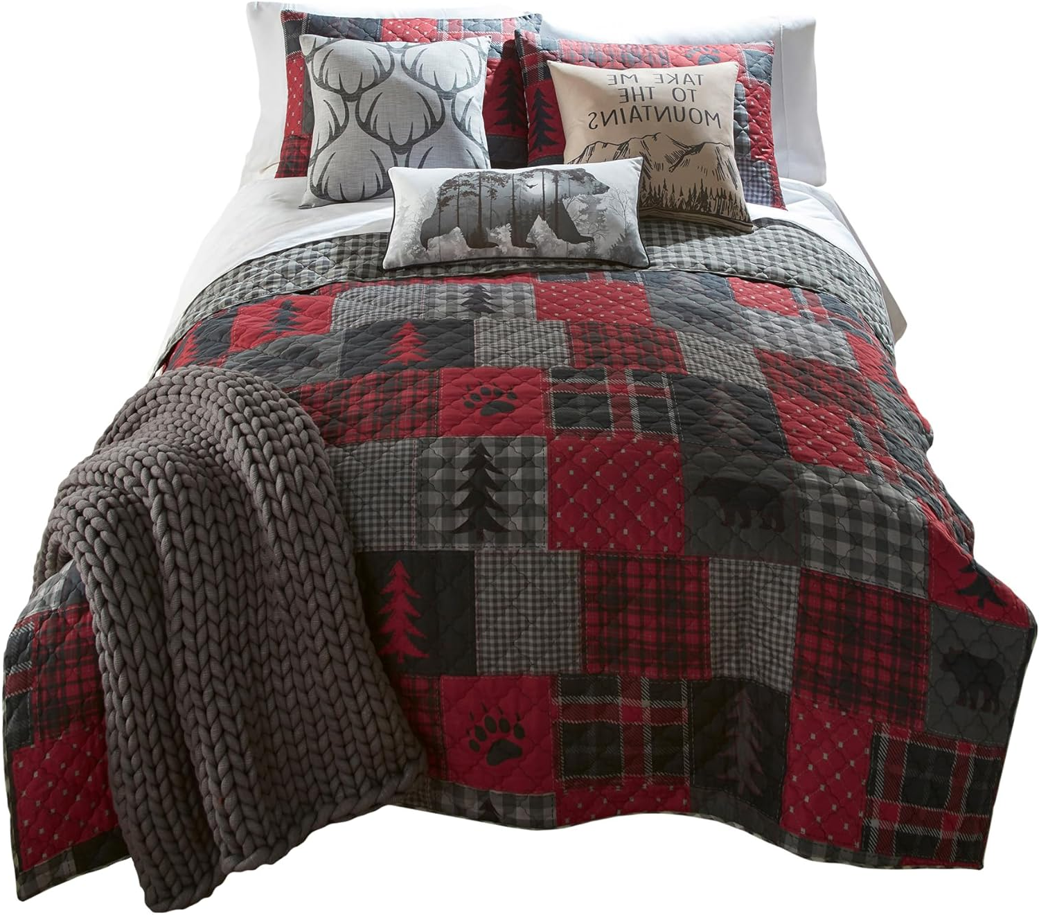 Queen Reversible Quilt Set – Soft Brushed Polyester, Black & Grey Gingham