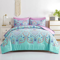 Twin 5-Piece Comforter Set – Boho Aqua & Lilac Damask, Bed-in-a-Bag, Includes Sheets & Shams