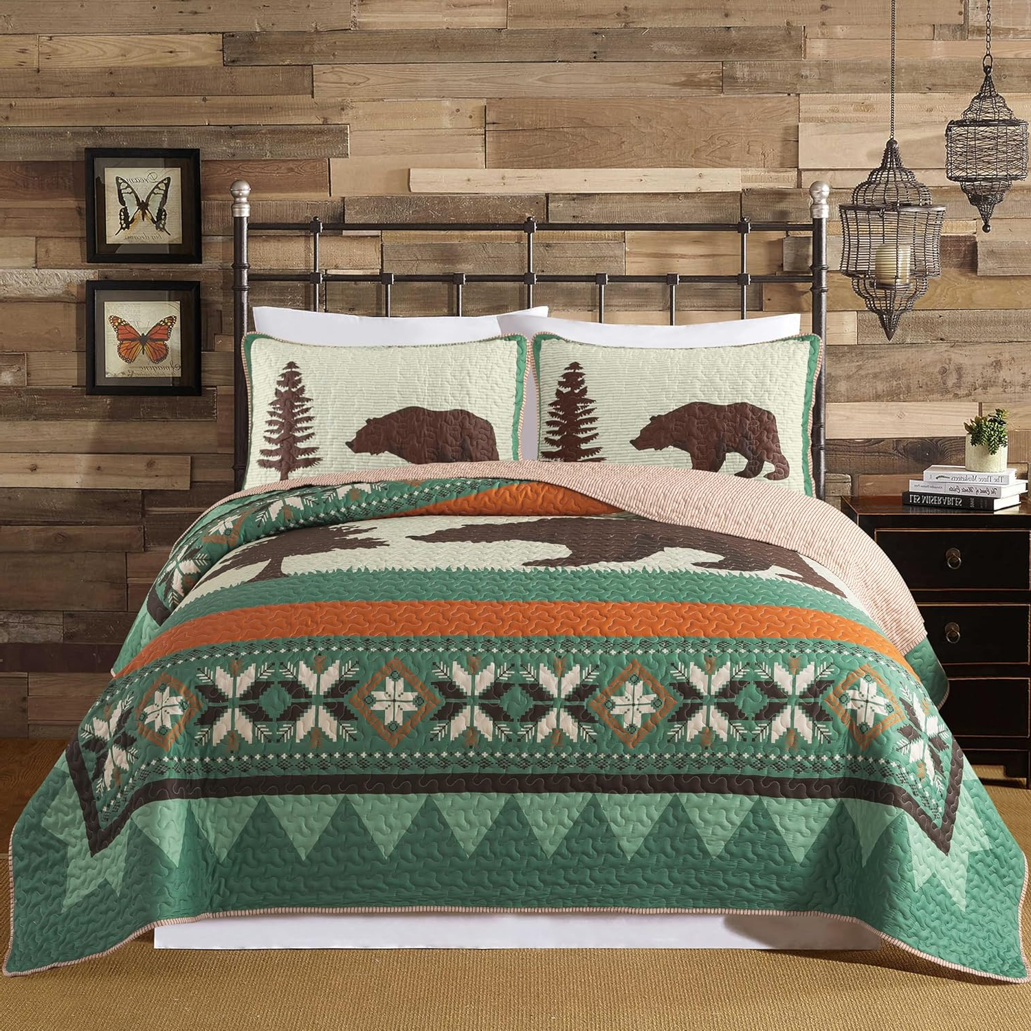 Rustic Cabin Bear King Quilt Set – Nature Lodge Bedding (2 Shams)