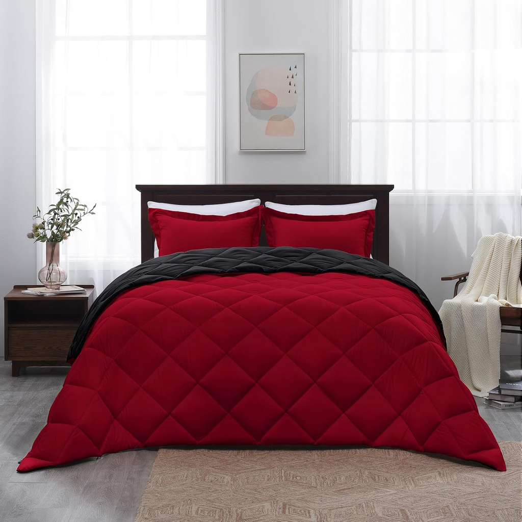 Queen Comforter Set – Reversible Red & Black All-Season Bedding with 2 Pillow Shams