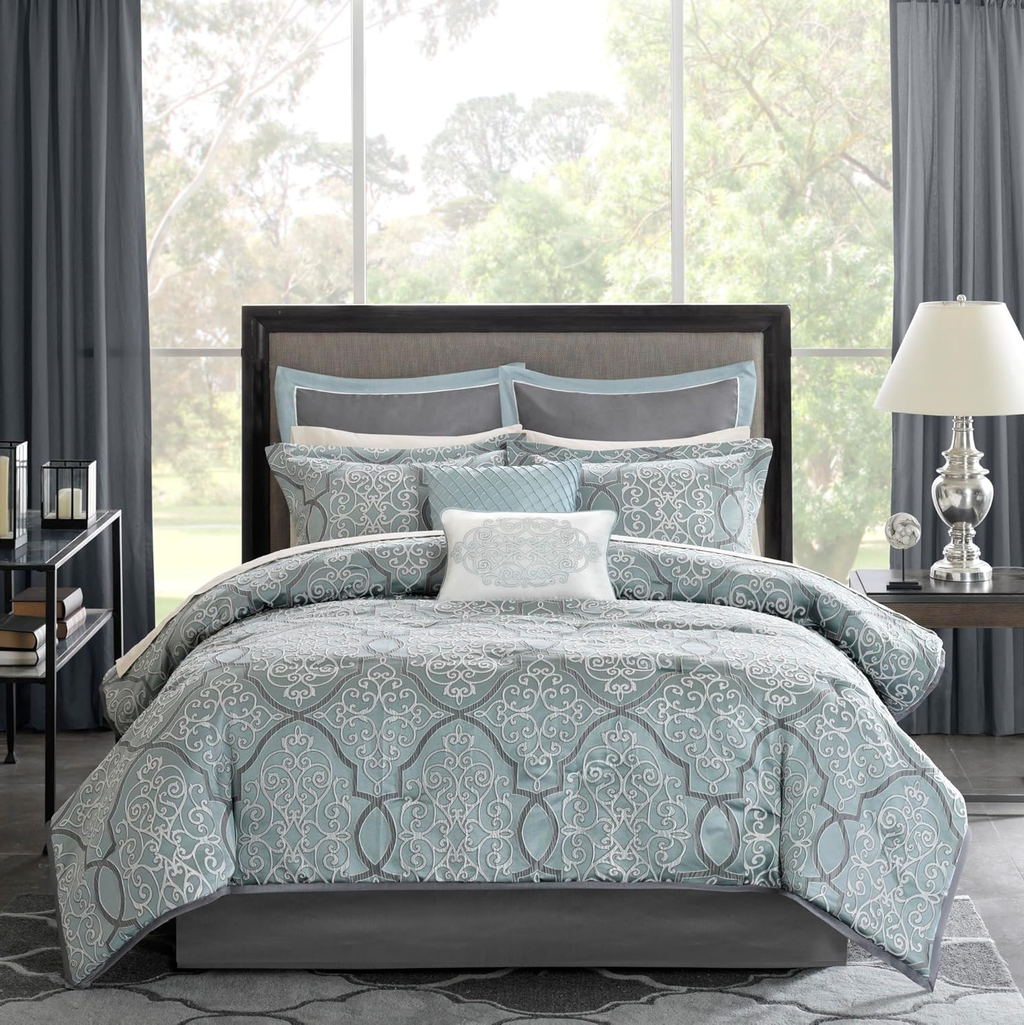 King 12-Piece Bed in a Bag Comforter Set – Blue Jacquard Luxe Bedding