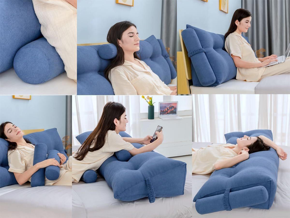Triangular Wedge Backrest Pillow with Detachable Neck Rolls – Large Reading Pillow for Bed