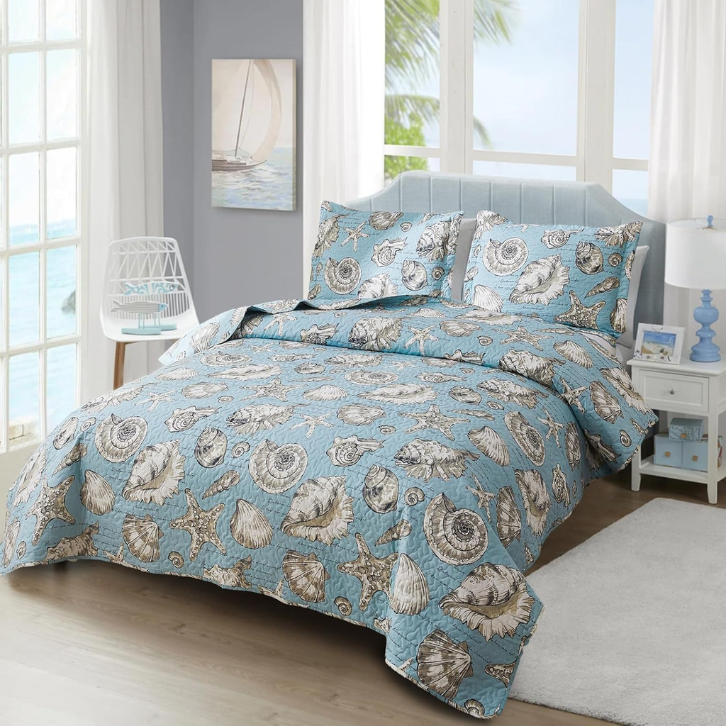 Twin Beach Quilt Set – 3-Piece Ocean Seashell Starfish Reversible Bedspread, Blue