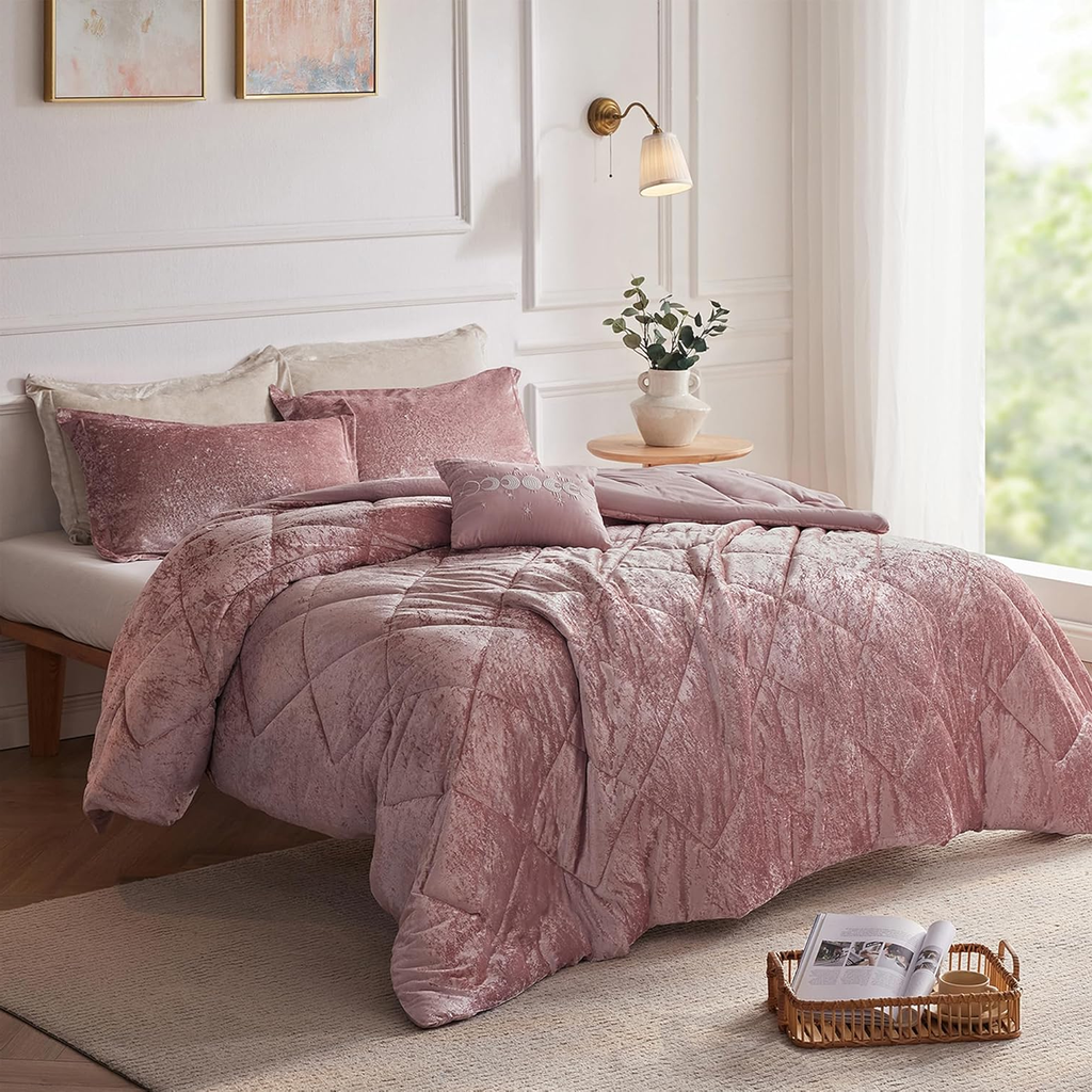 Velvet Comforter Set Full/Queen – 4-Piece All-Season Diamond Quilted Bedding, Blush