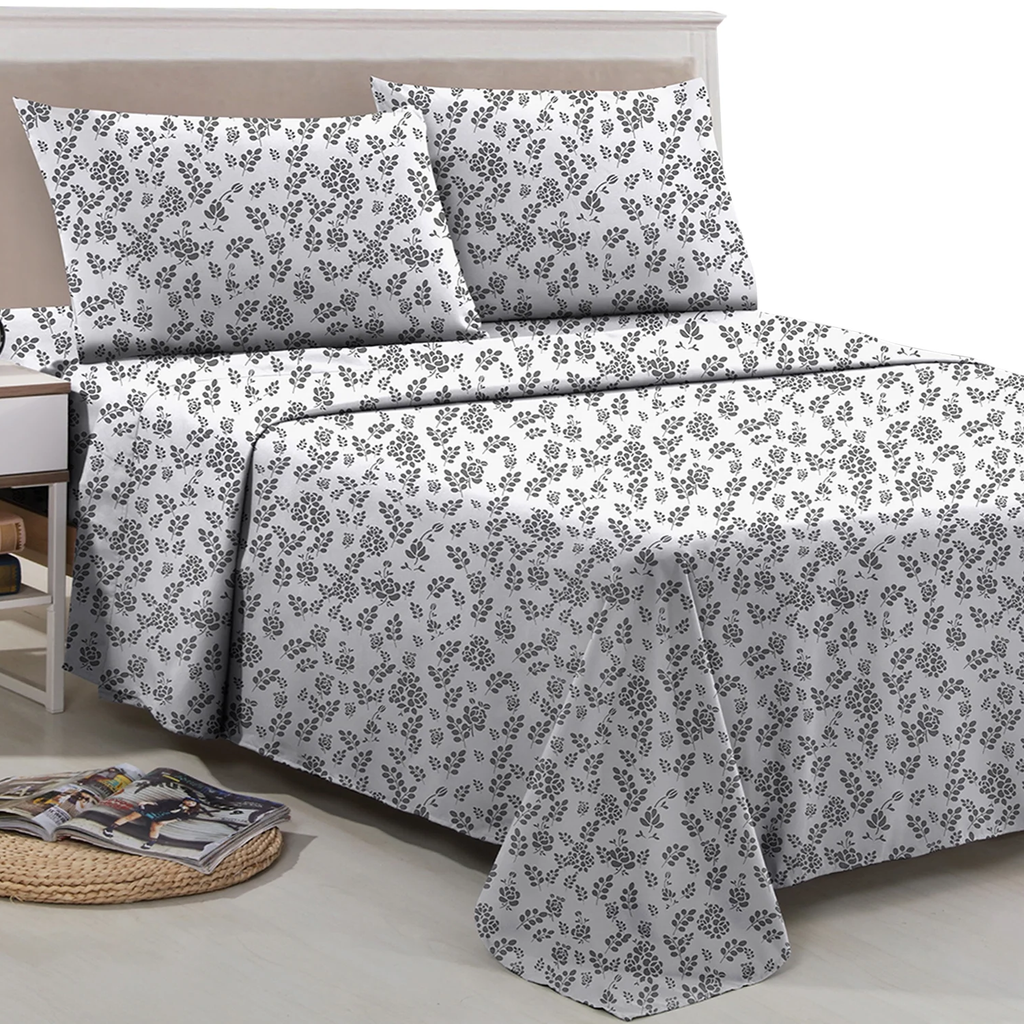 Lux Decor Microfiber Floral Bed Sheet Set – 4 Piece, King Size, Deep Pocket, White Gray