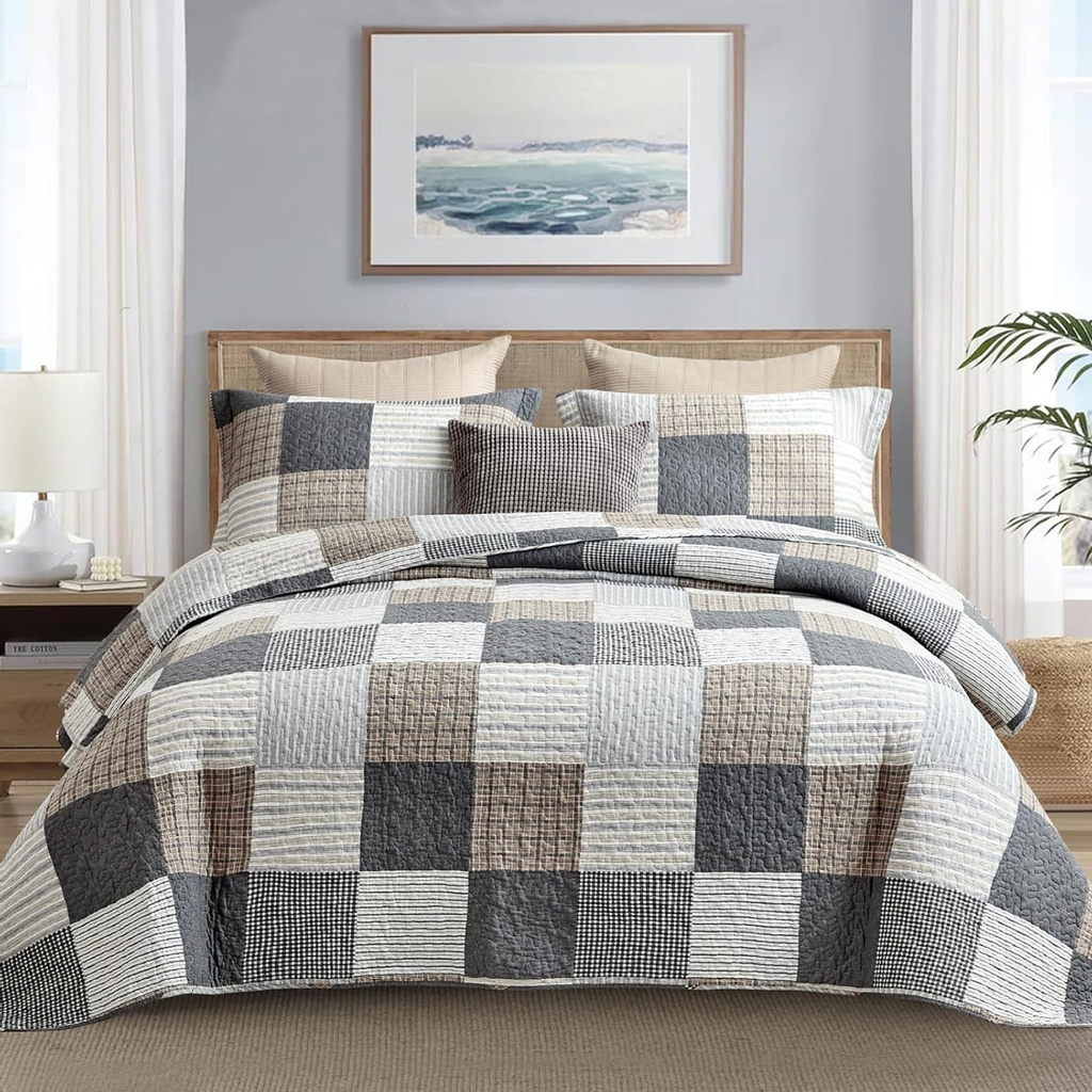 King 3-Piece Quilt Set – 100% Cotton Plaid Farmhouse Bedspread, Lightweight & Reversible, All-Season