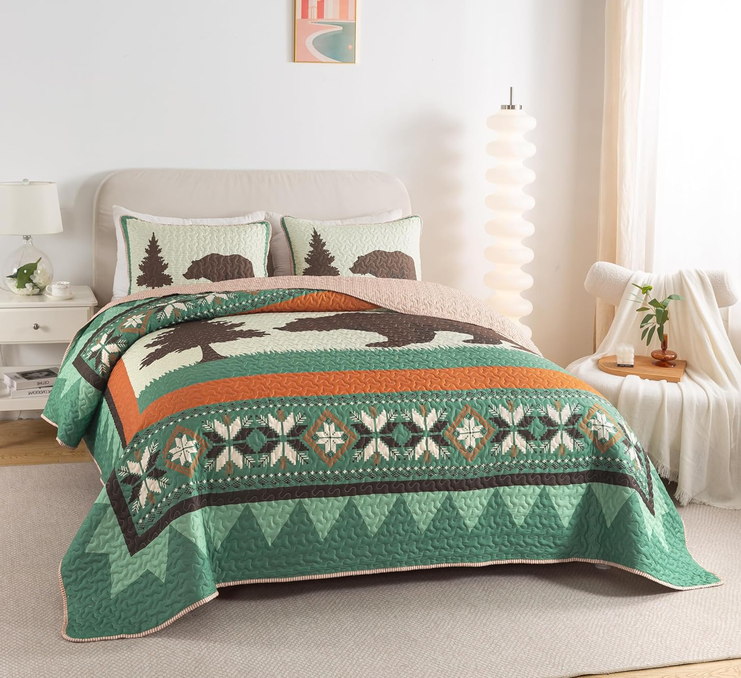 Rustic Cabin Bear King Quilt Set – Nature Lodge Bedding (2 Shams)