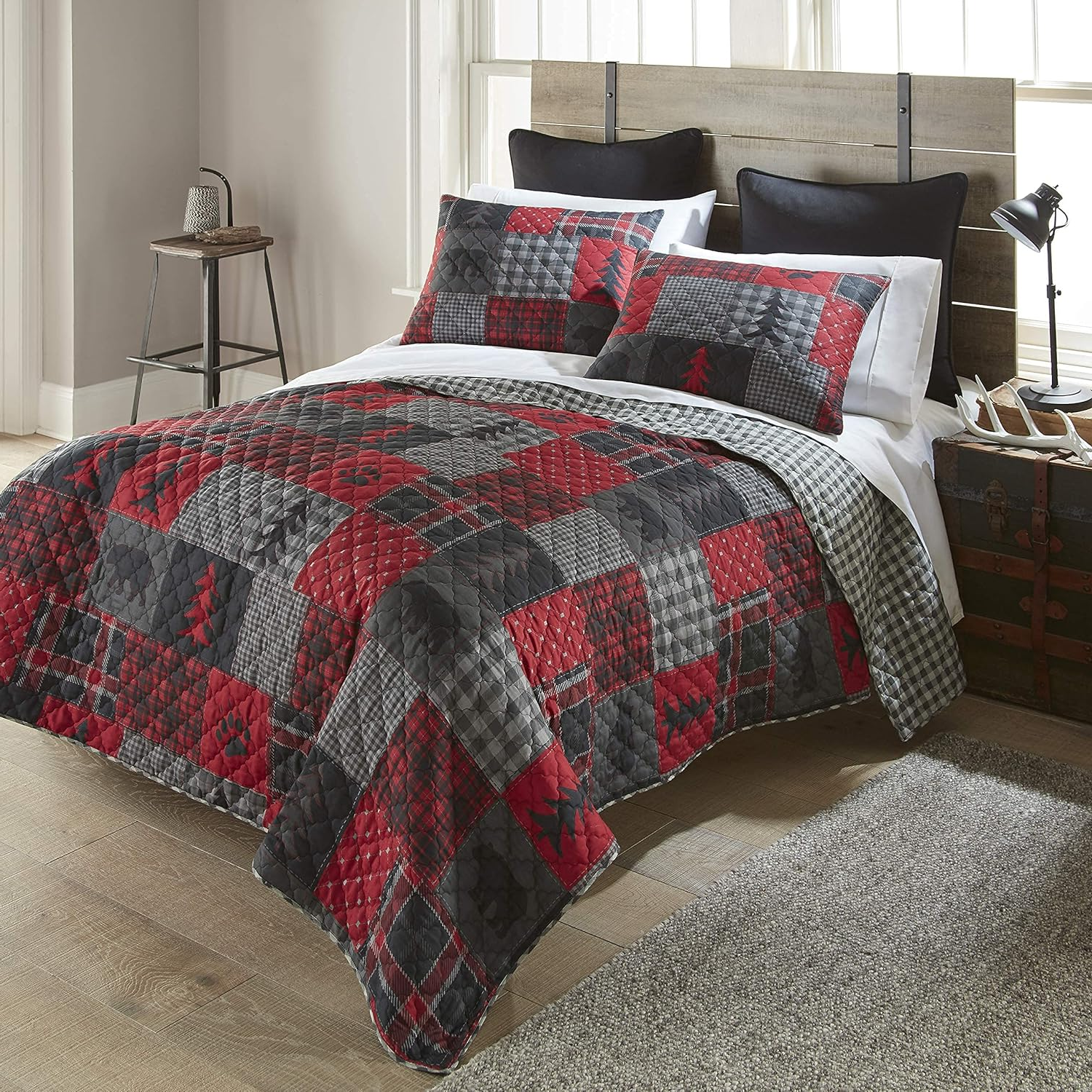 Queen Reversible Quilt Set – Soft Brushed Polyester, Black & Grey Gingham