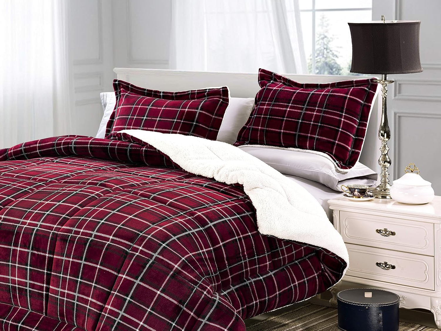 King/Cal King 3-Piece Reversible Plaid Comforter Set – Micromink Sherpa, Down Alternative, Burgundy