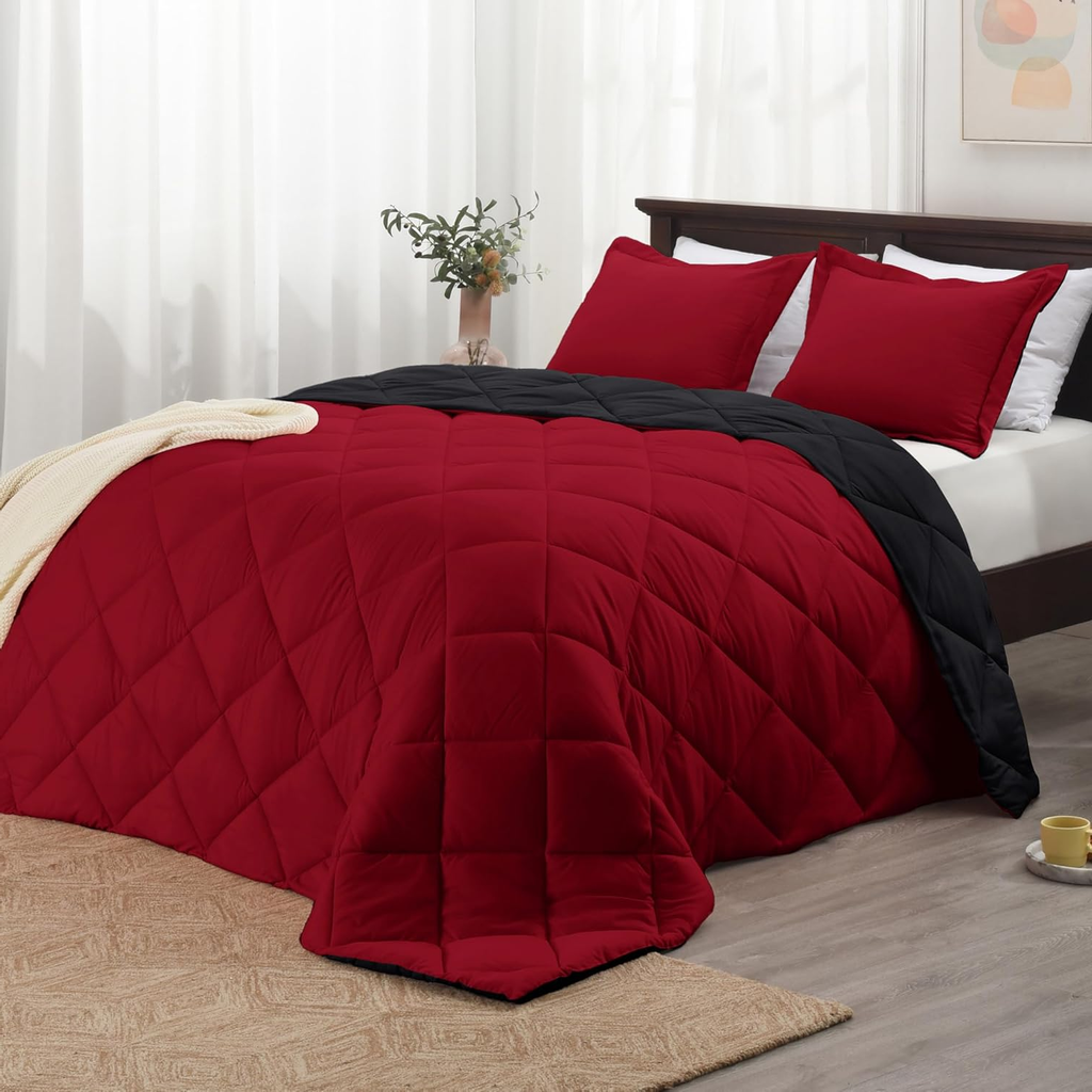Queen Comforter Set – Reversible Red & Black All-Season Bedding with 2 Pillow Shams